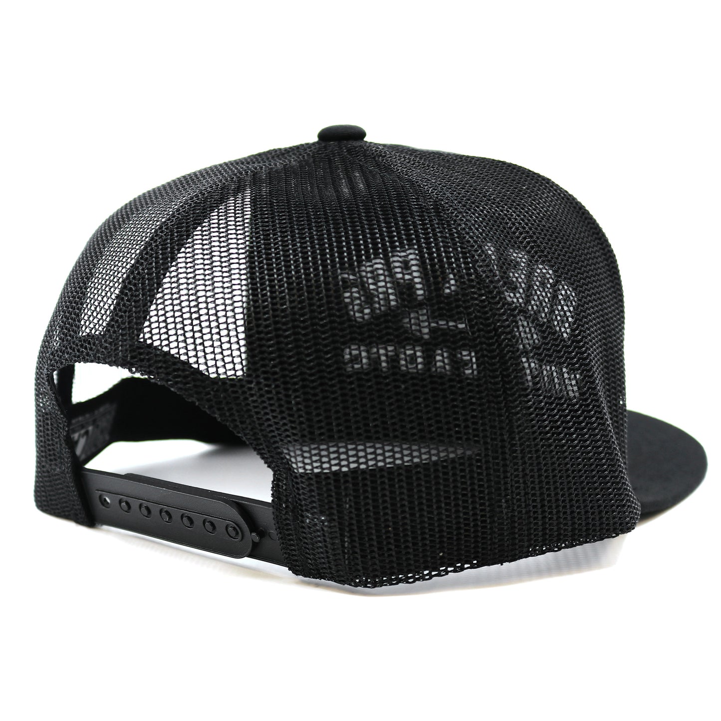 A snapback cap showing its Black mesh on a white background