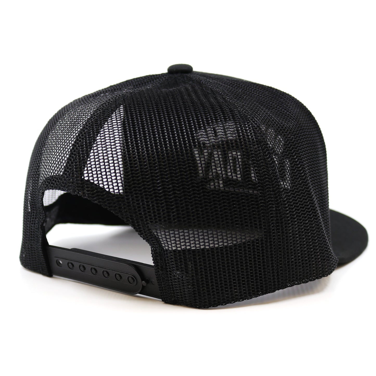 A snapback cap showing its Black mesh on a white background