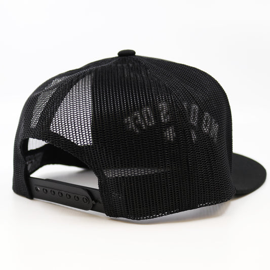 A snapback cap showing its Black mesh on a white background