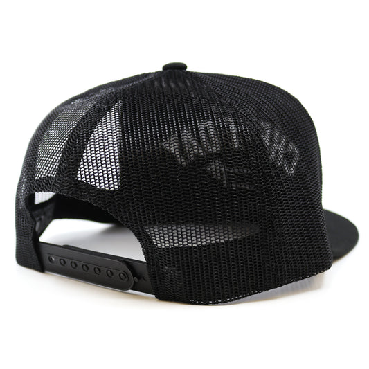 A snapback cap showing its Black mesh on a white background