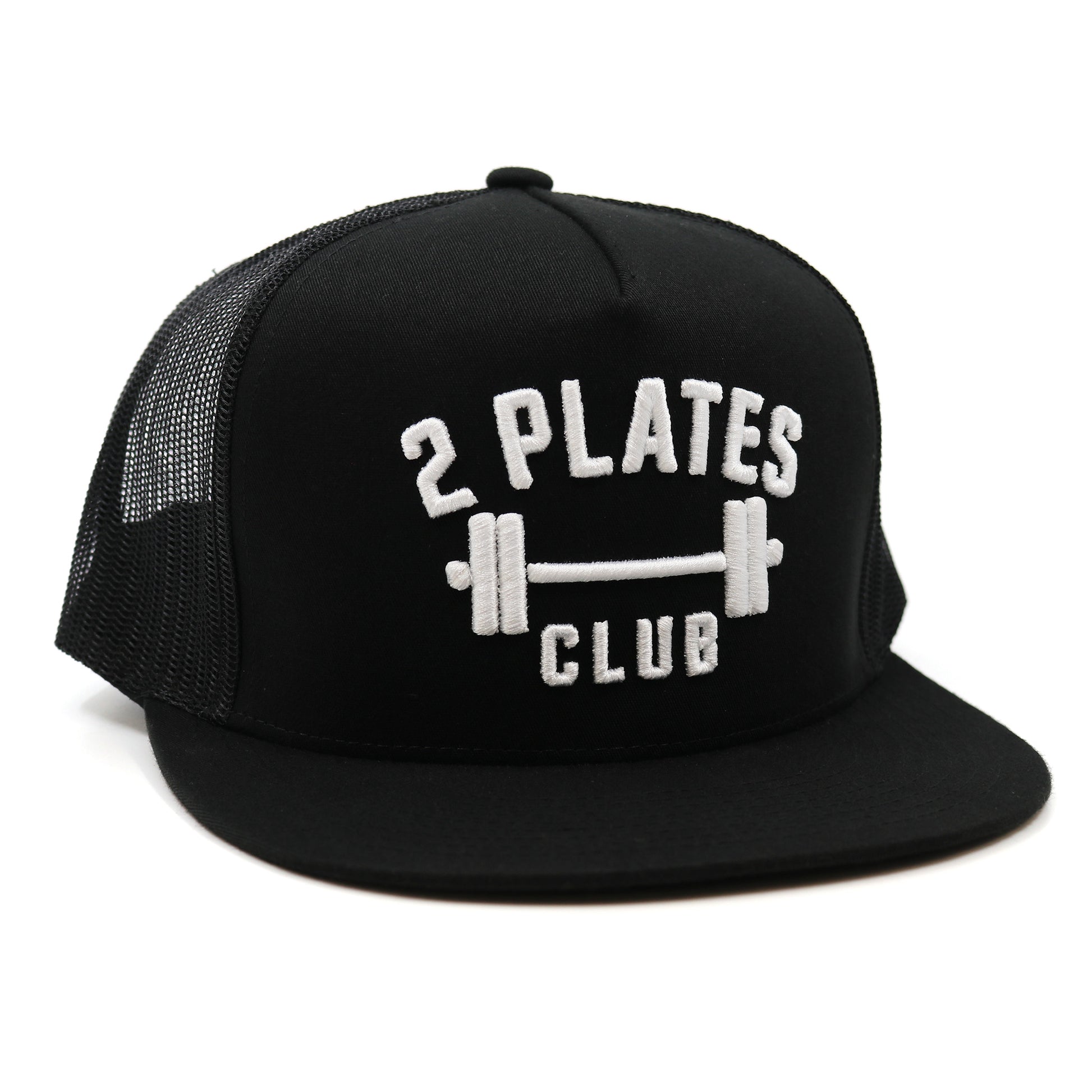 Black cap with '2 Plates Club' text and barbell graphic on a white background