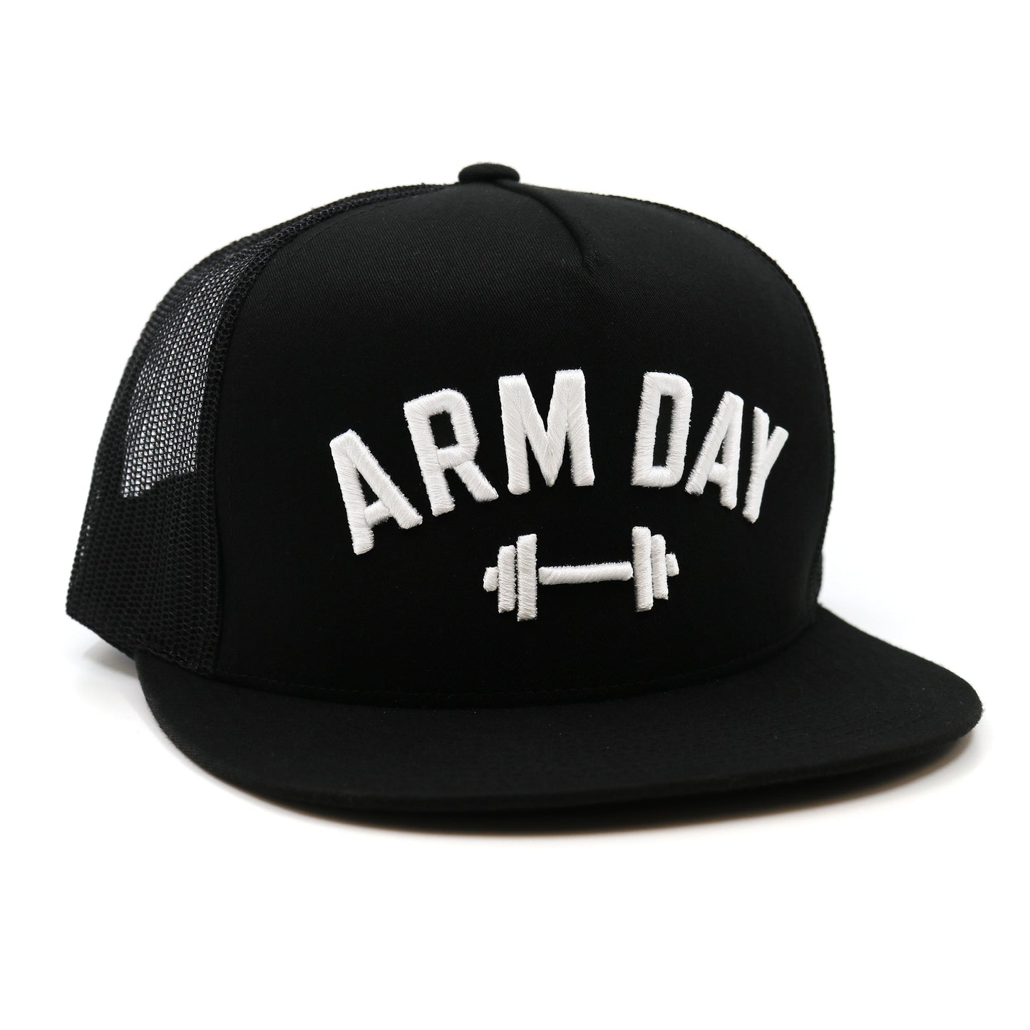 Black cap with 'ARM DAY' and a barbell graphic on a white background