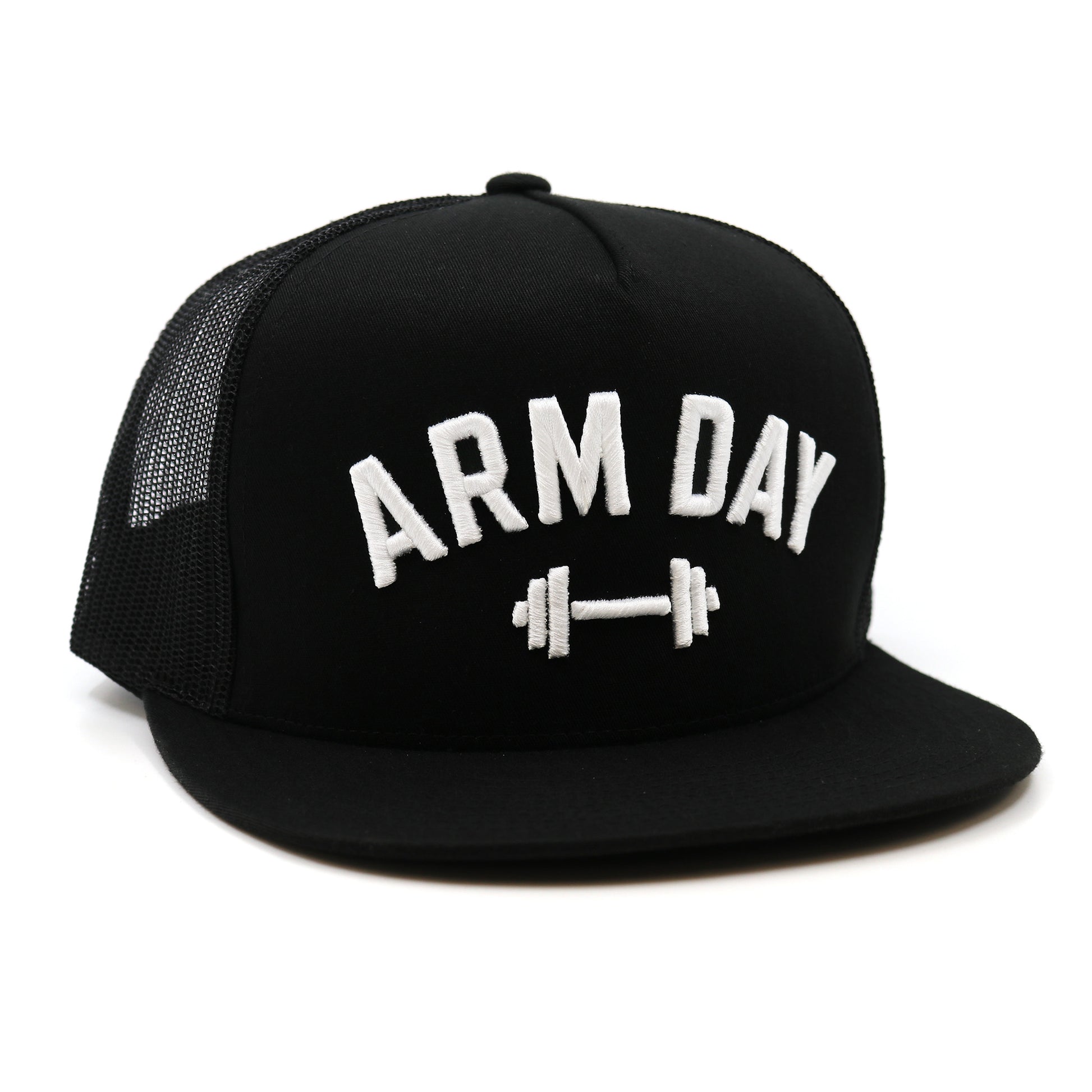 Black cap with 'ARM DAY' and a barbell graphic on a white background
