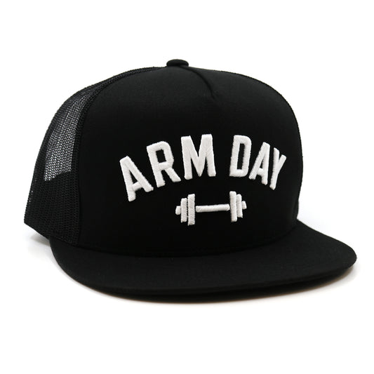 Black cap with 'ARM DAY' and a barbell graphic on a white background