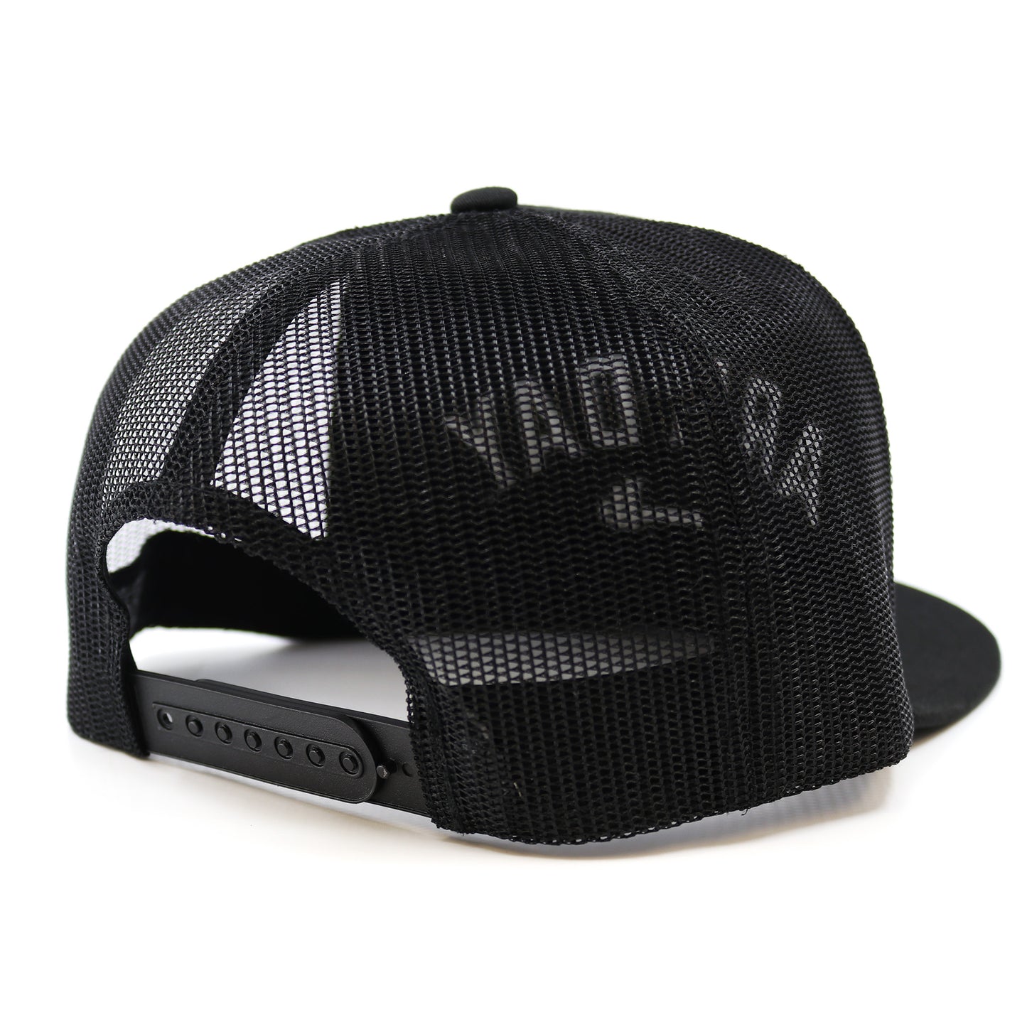 A snapback cap showing its Black mesh on a white background