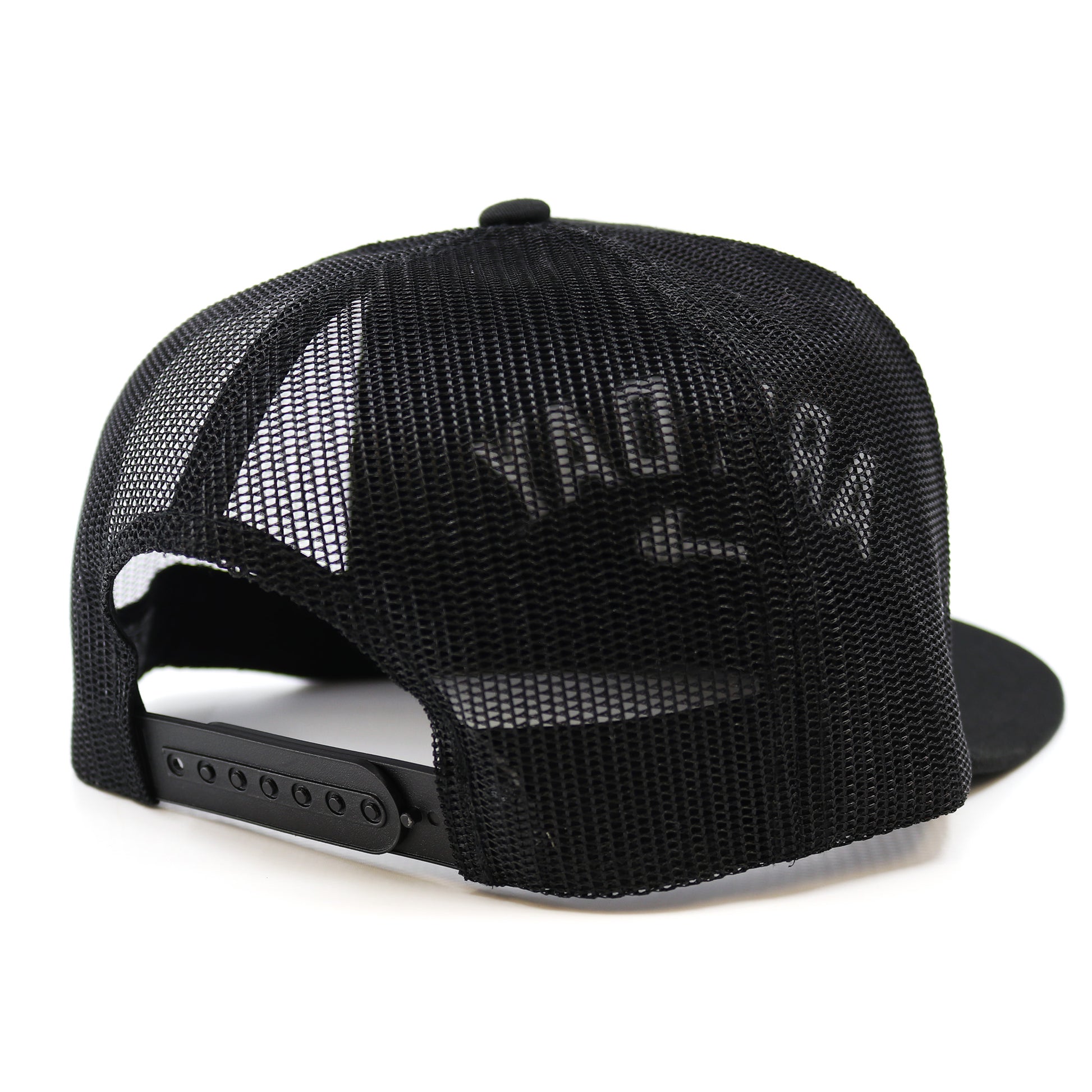 A snapback cap showing its Black mesh on a white background