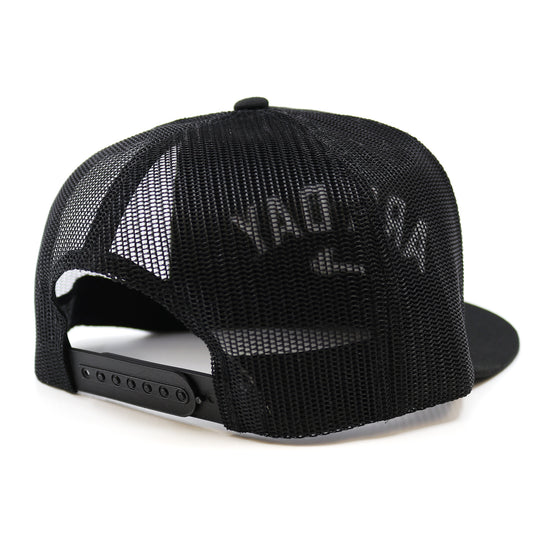A snapback cap showing its Black mesh on a white background