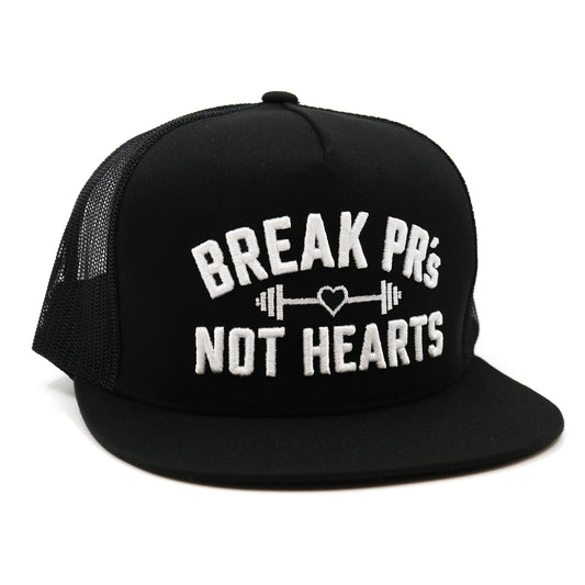 Black cap with 'Break Pr's Not Hearts' text on a white background with barbell graphic