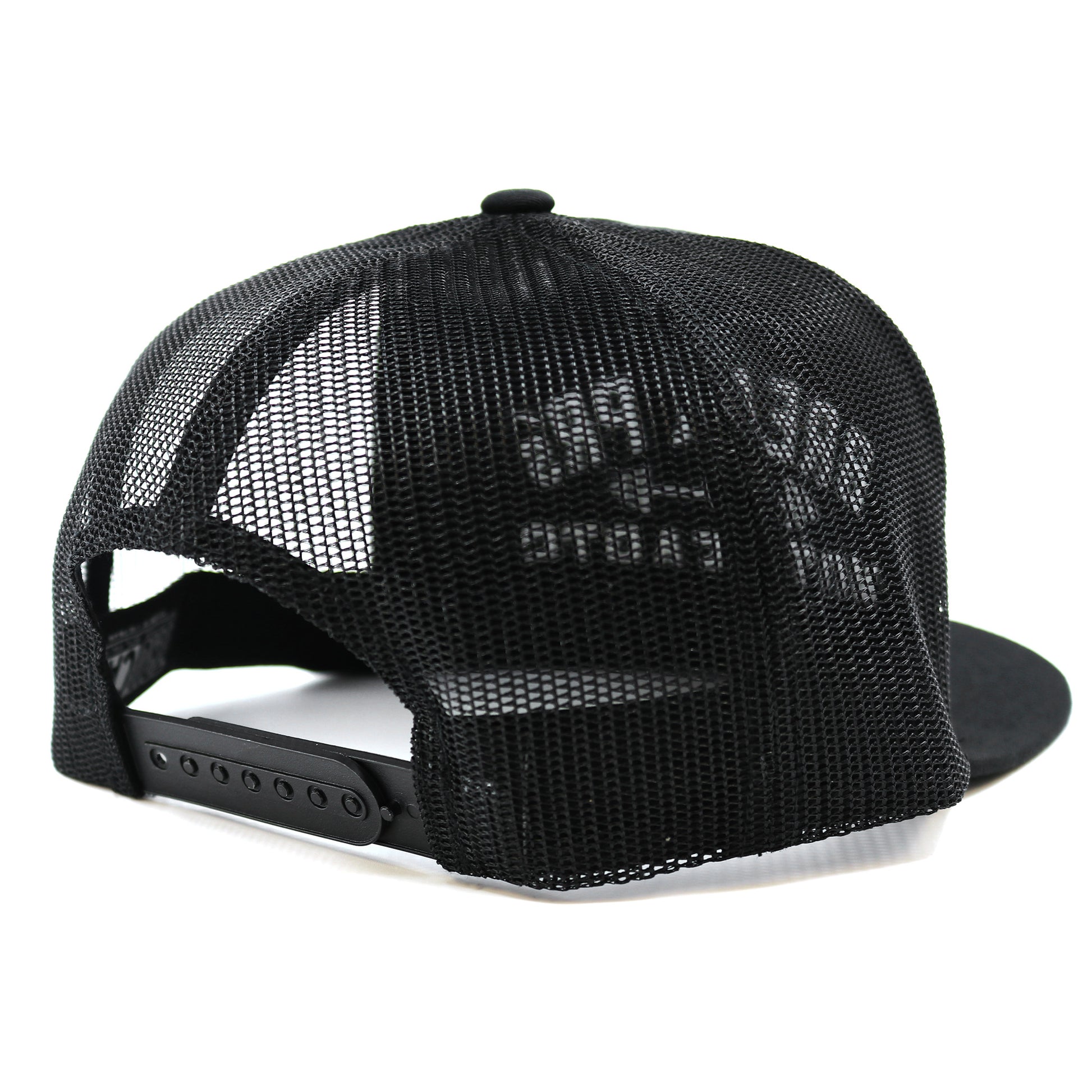 A snapback cap showing its Black mesh on a white background