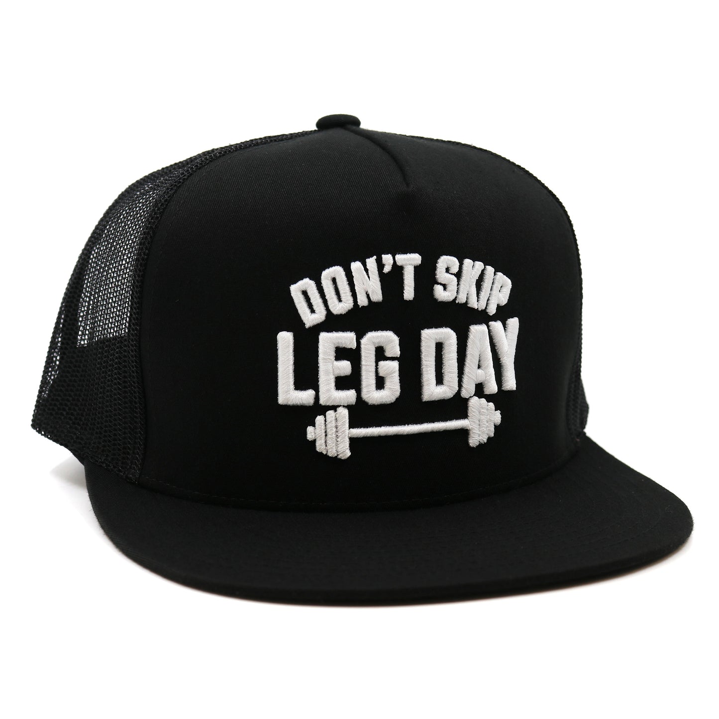 Black cap with 'Don't Skip Leg Day' text and barbell graphic on a white background