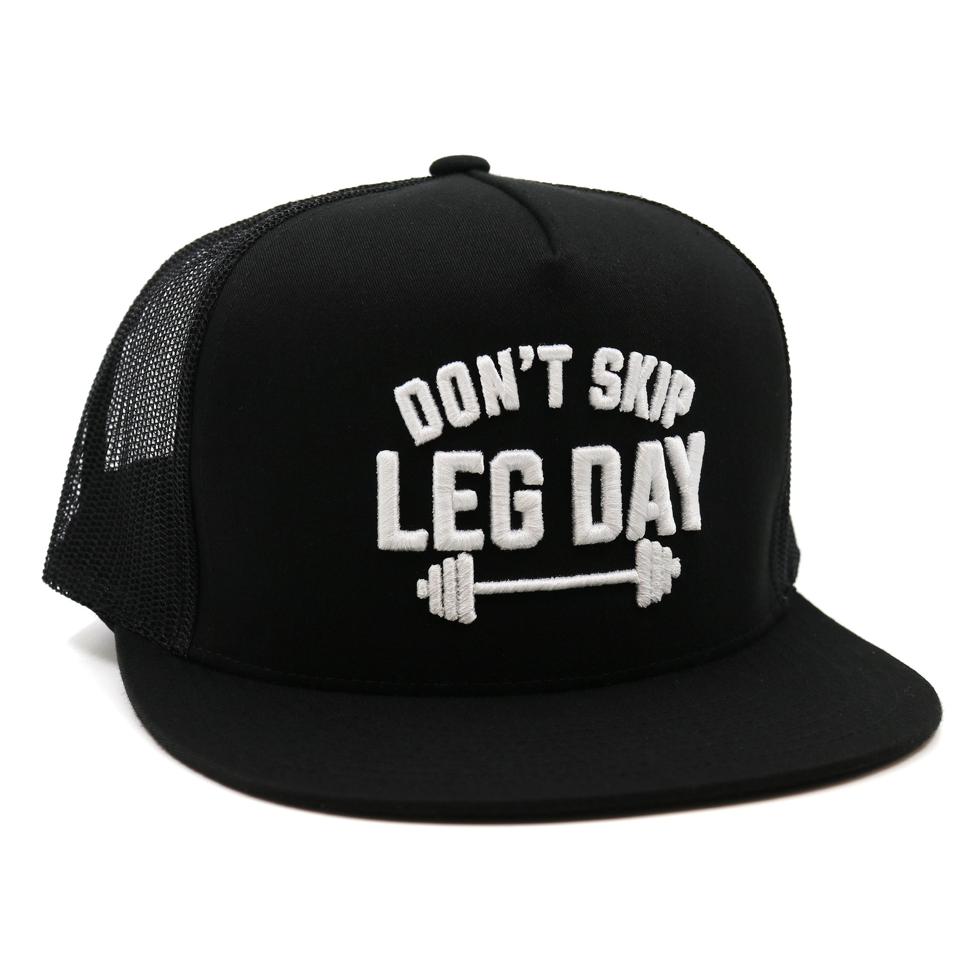 Black cap with 'Don't Skip Leg Day' text and barbell graphic on a white background