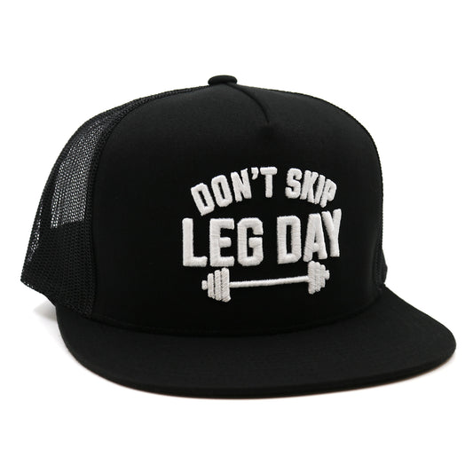 Black cap with 'Don't Skip Leg Day' text and barbell graphic on a white background