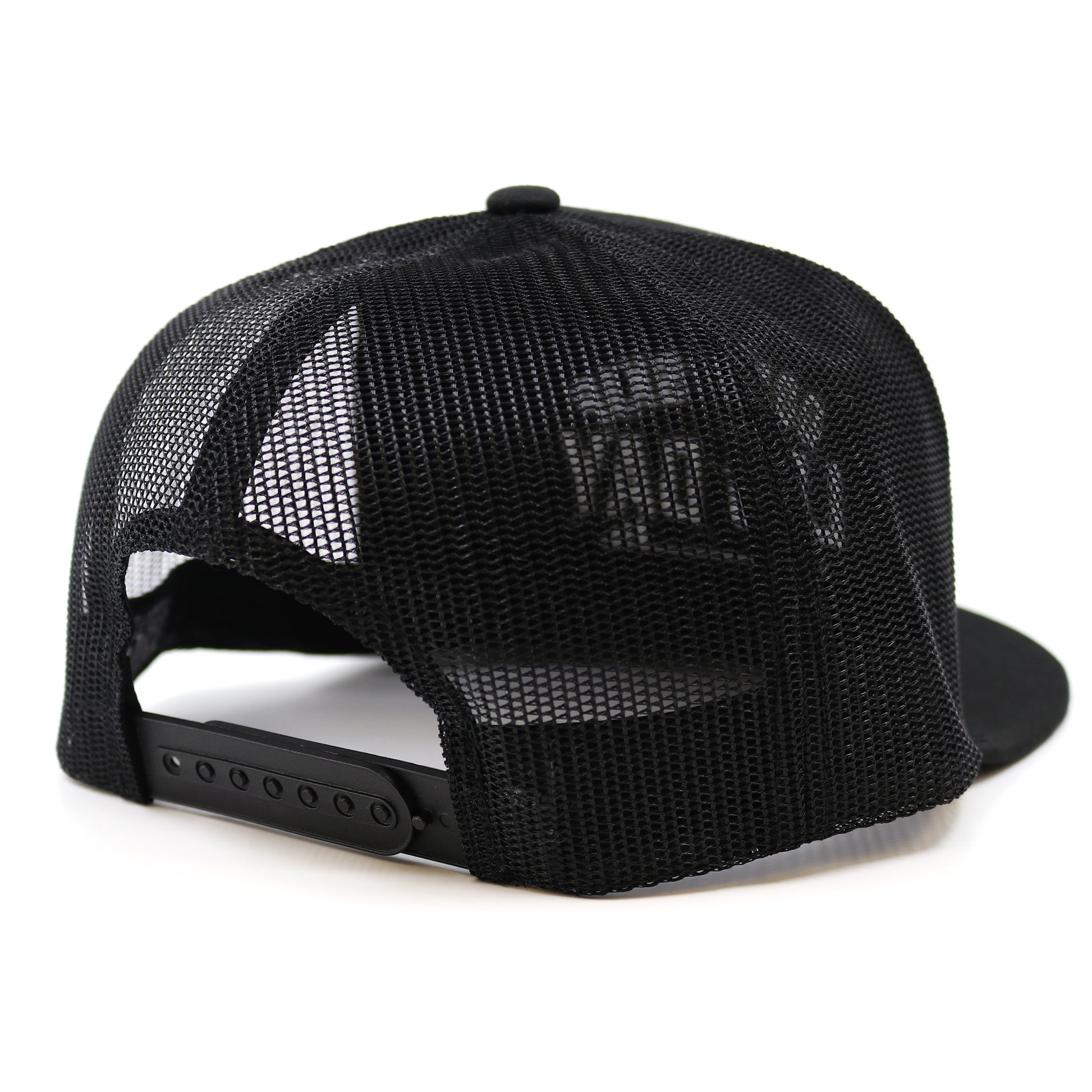 A snapback cap showing its Black mesh on a white background