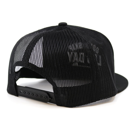 A snapback cap showing its Black mesh on a white background