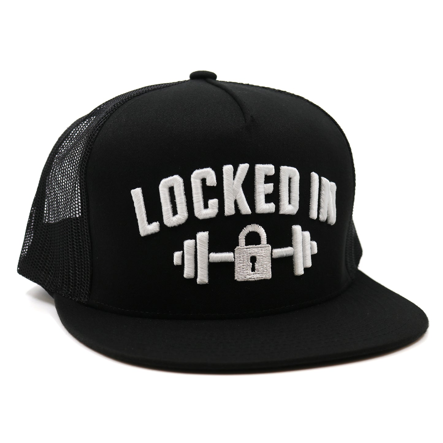 Black cap with 'LOCKED IN' text and lock with weights graphic on a white background