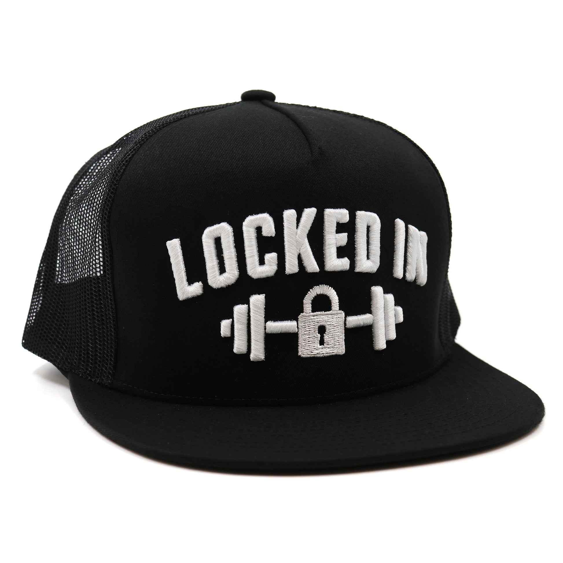 Black cap with 'LOCKED IN' text and lock with weights graphic on a white background