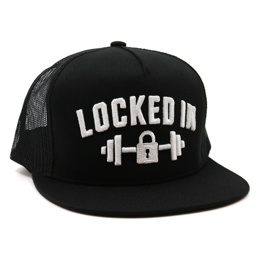Black cap with 'LOCKED IN' text and lock with weights graphic on a white background