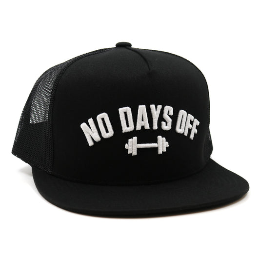 Black cap with 'NO DAYS OFF' text and barbell graphic on a white background