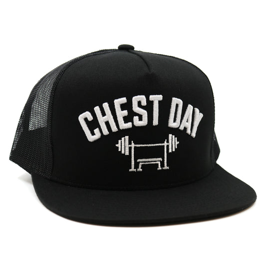 Black cap with 'Chest Day' and barbell graphic on a white background
