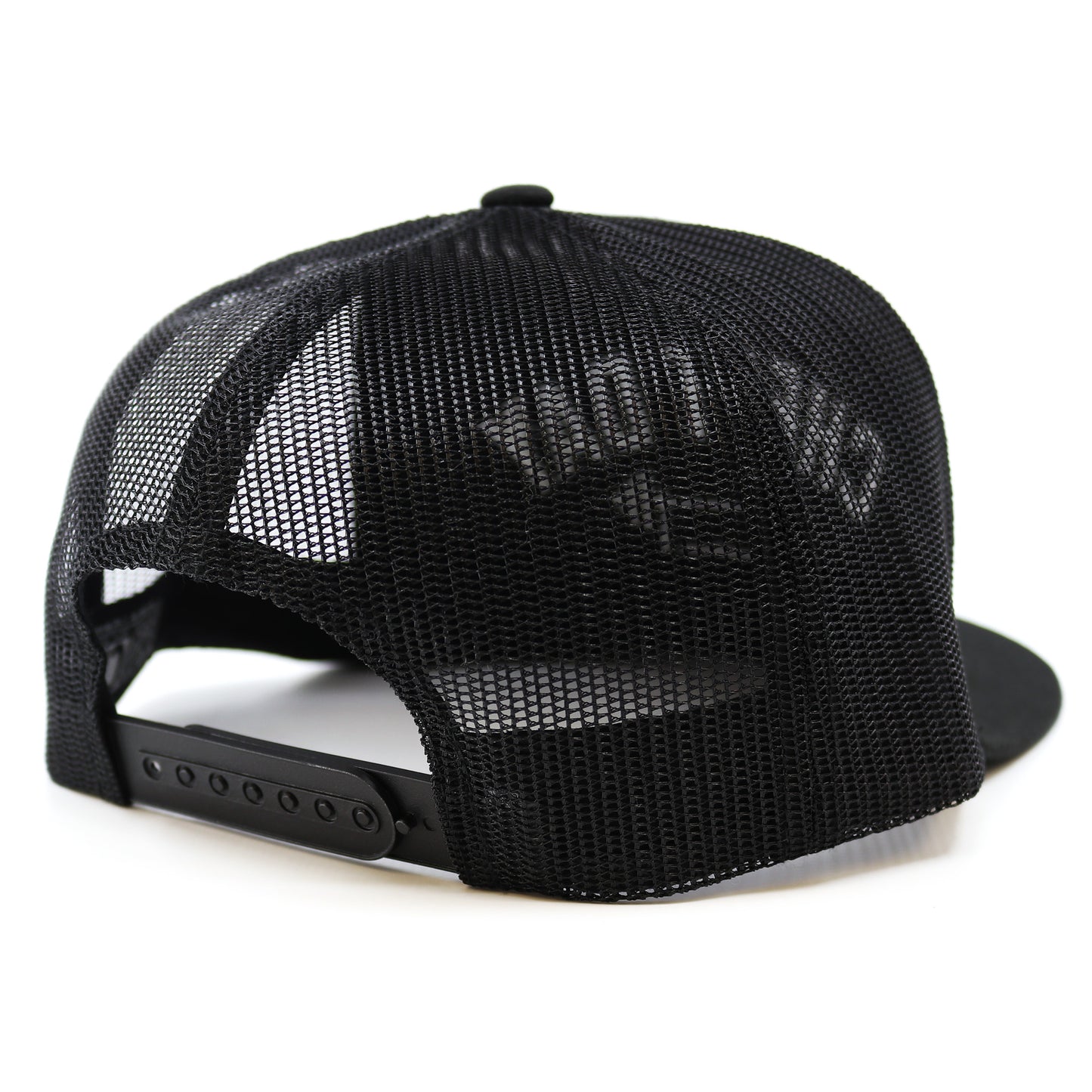 A snapback cap showing its Black mesh on a white background
