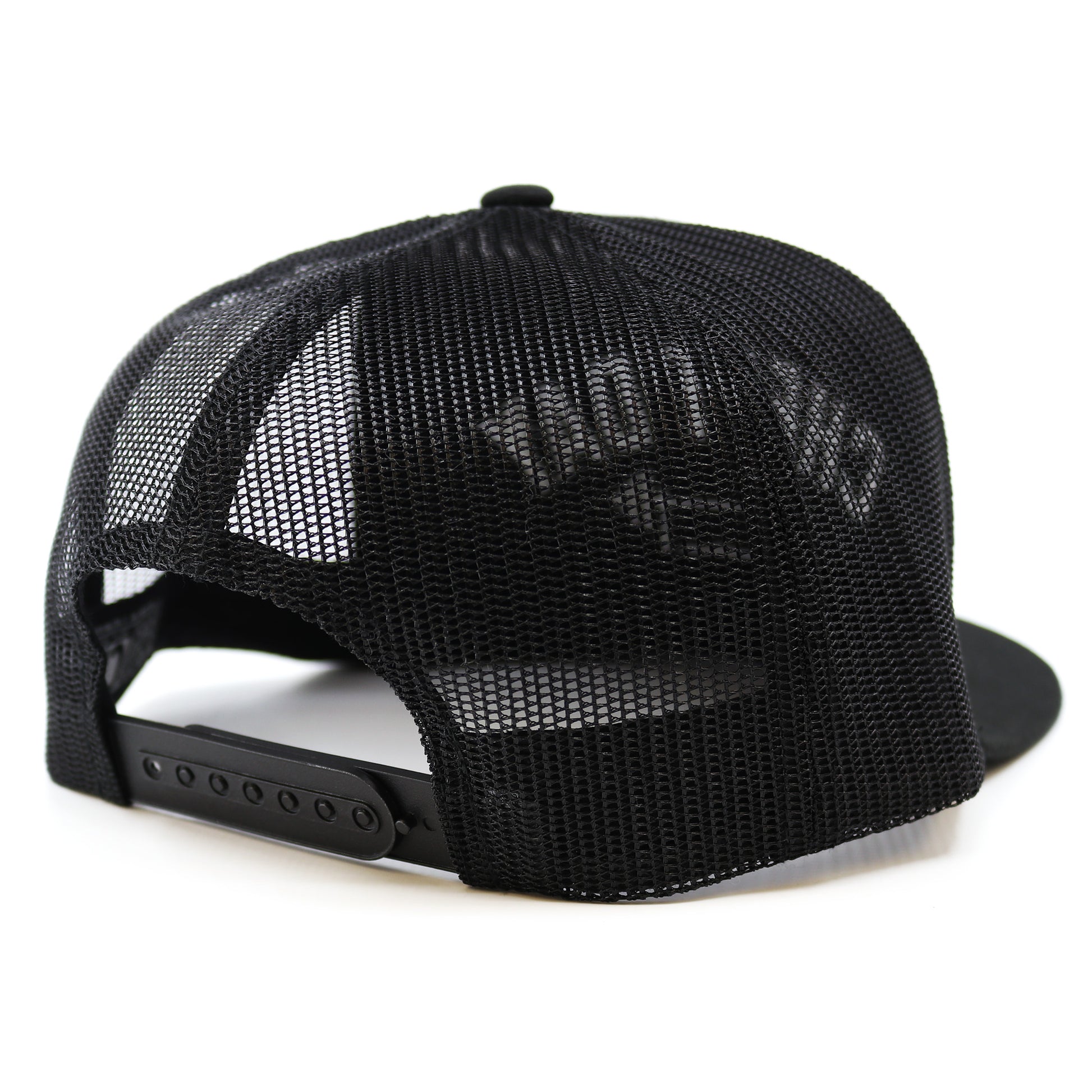 A snapback cap showing its Black mesh on a white background